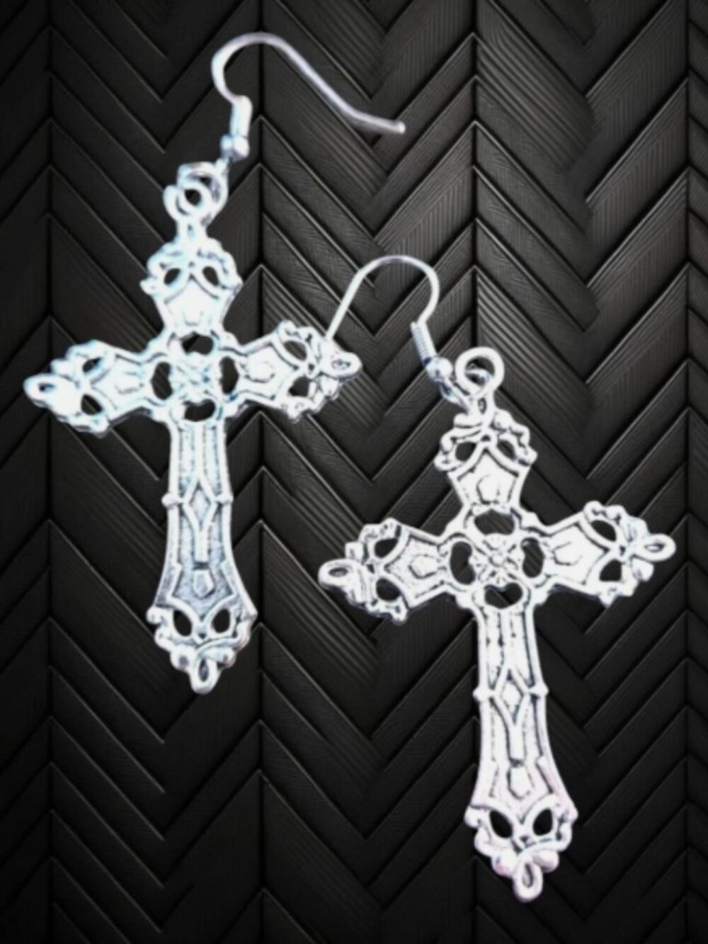 Gothic Silver Tone Cross Dangle Earrings Punk Drop 3” Statement Jewelry
